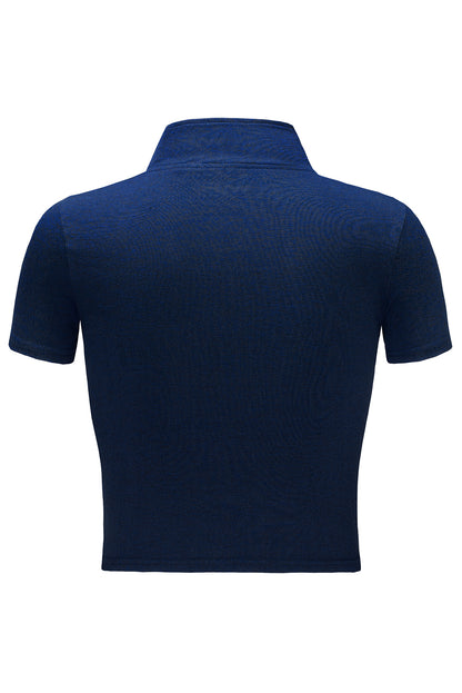 Blue Half Zipper Short Sleeve Active Crop Top