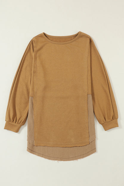 Grey Crinkle Splicing Raw Hem High Low Oversized Blouse