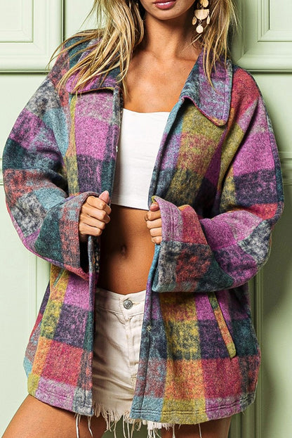 Multicolor Brushed Plaid Buttoned Pullover Oversized Hoodie