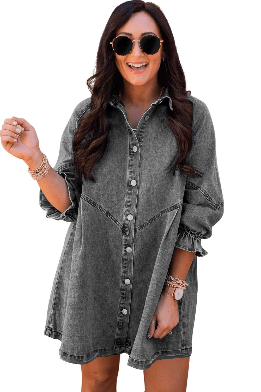 Gray Sequin Nutcracker Graphic Long Sleeve Shirt Denim Dress