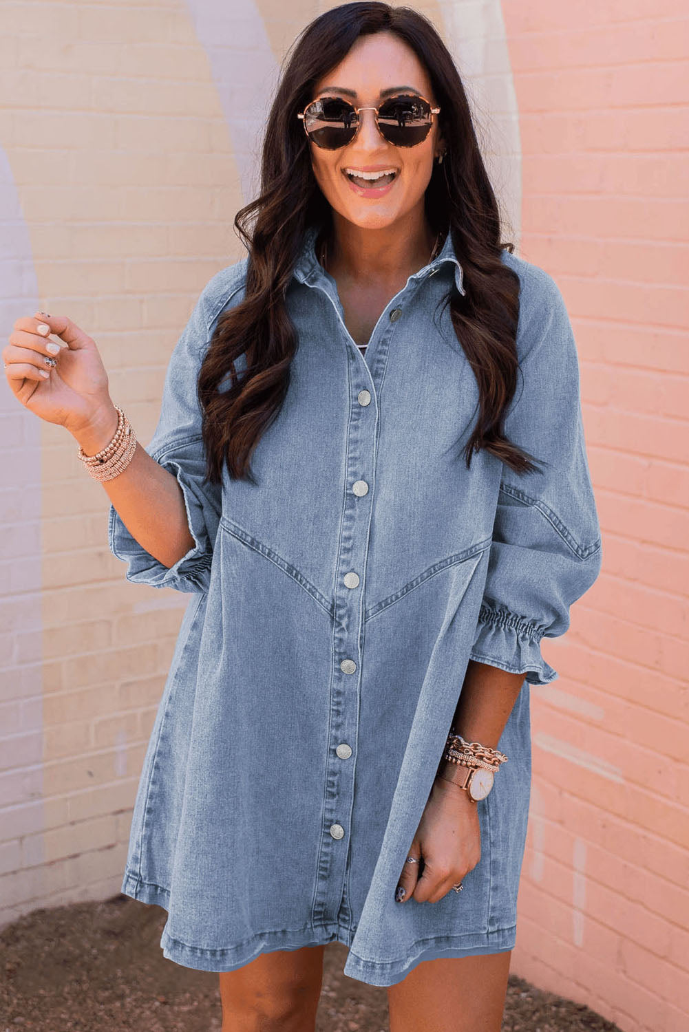 Gray Sequin Nutcracker Graphic Long Sleeve Shirt Denim Dress