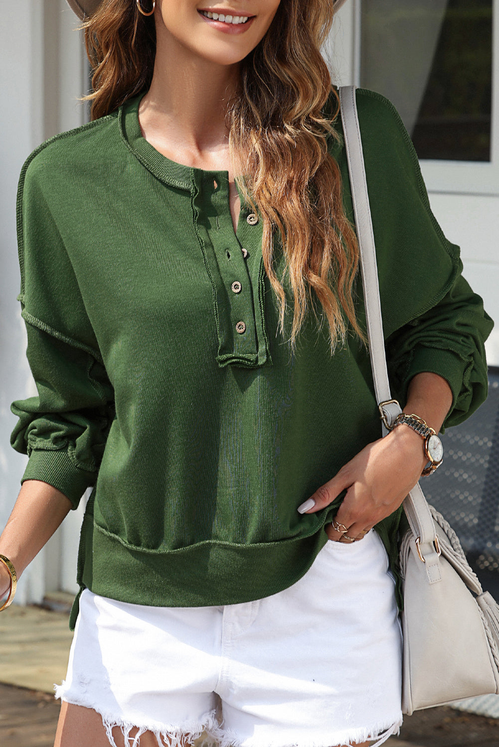 Black Drop Shoulder Henley Buttons Sweatshirt