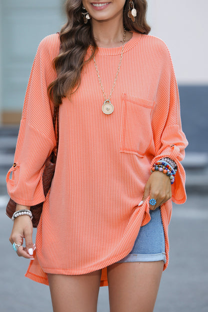 Gray Ribbed Roll-tab Sleeve Chest Pocket Oversize Top