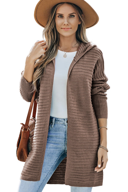 Black Horizontal Rib Knitted Open Front Hooded Cardigan