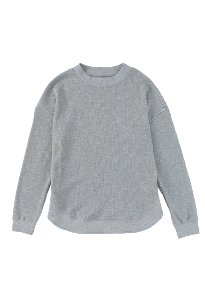 Pink Crew Neck Ribbed Trim Waffle Knit Top