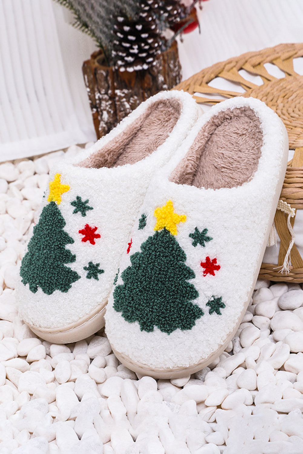 White Christmas Deer Home Indoor Plush Slippers