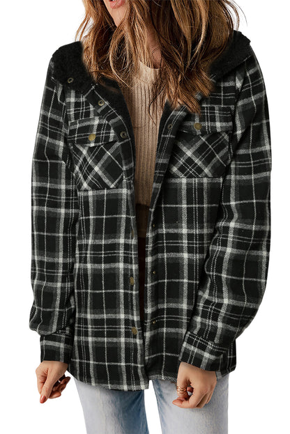 Orange Plaid Pattern Sherpa Lined Hooded Shacket