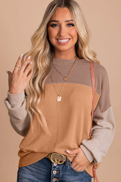 Mineral Red Plus Size Ribbed Colorblock Long Sleeve Top