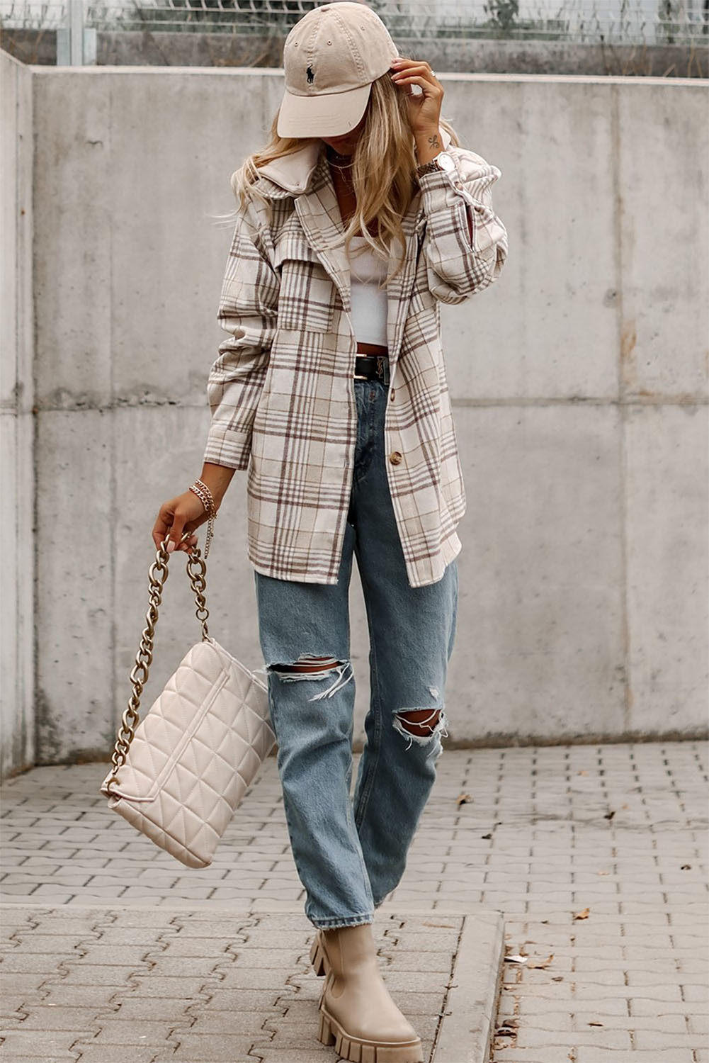 Khaki Printed Plus Size Plaid Print Contrast Hooded Shacket