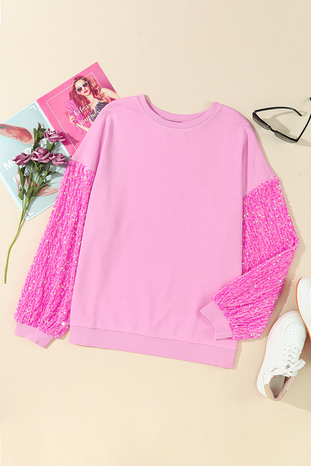 Pink Plus Size Sequin Sleeves Nutcracker Graphic Sweatshirt