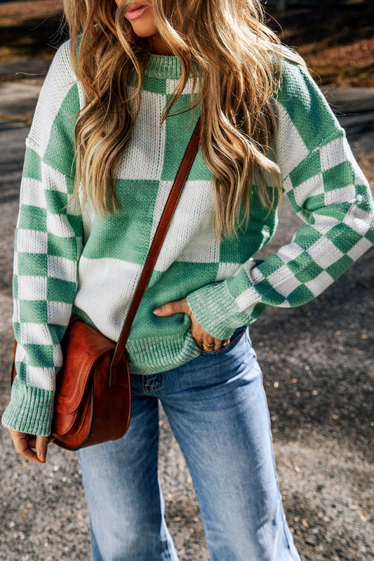 Medium Grey Checkered Print Drop Shoulder Sweater