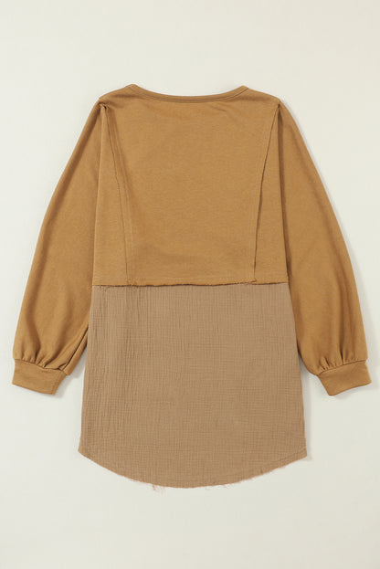Grey Crinkle Splicing Raw Hem High Low Oversized Blouse