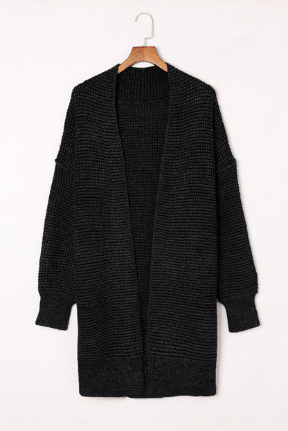 Gray Plaid Knitted Long Open Front Cardigan