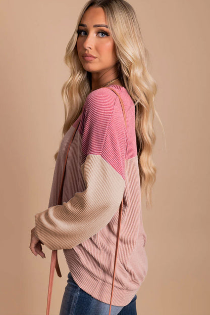 Mineral Red Plus Size Ribbed Colorblock Long Sleeve Top