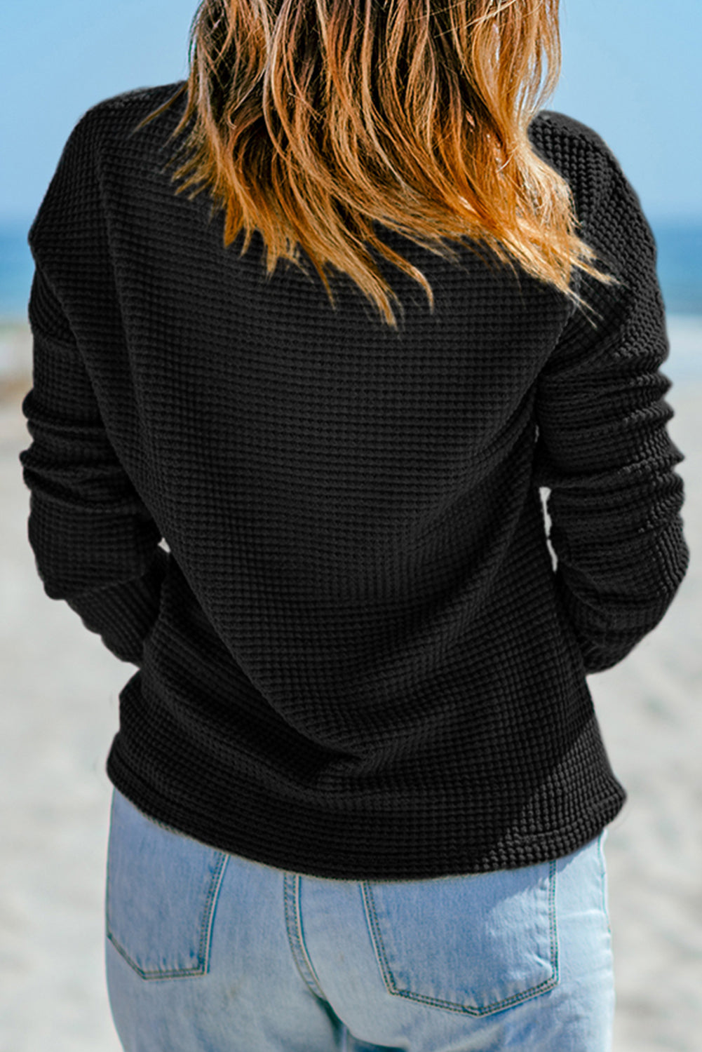 Fiery Red Waffle Knit Drop Shoulder Long Sleeve Top