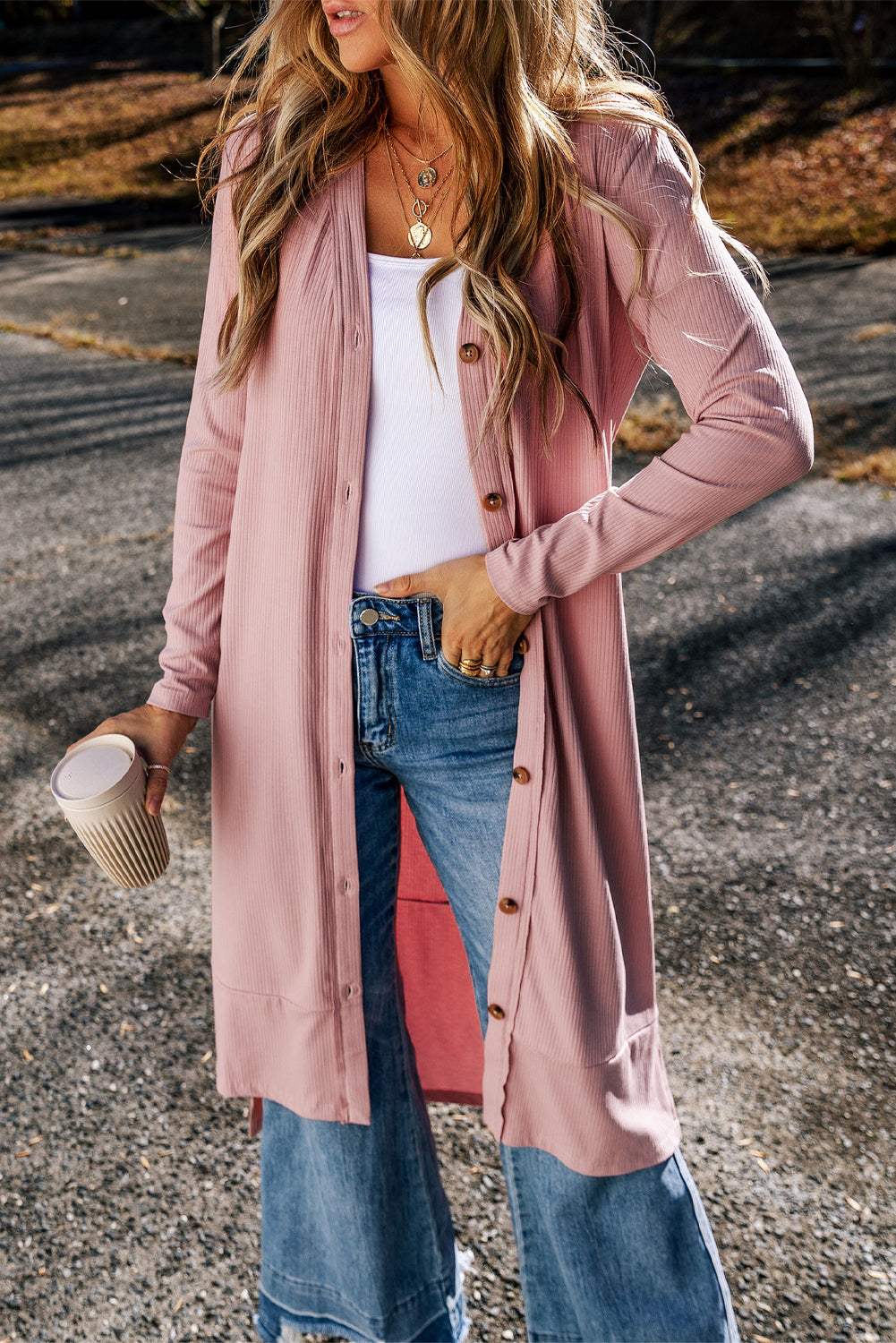 Gray Ribbed Button-Up Split Duster Cardigan