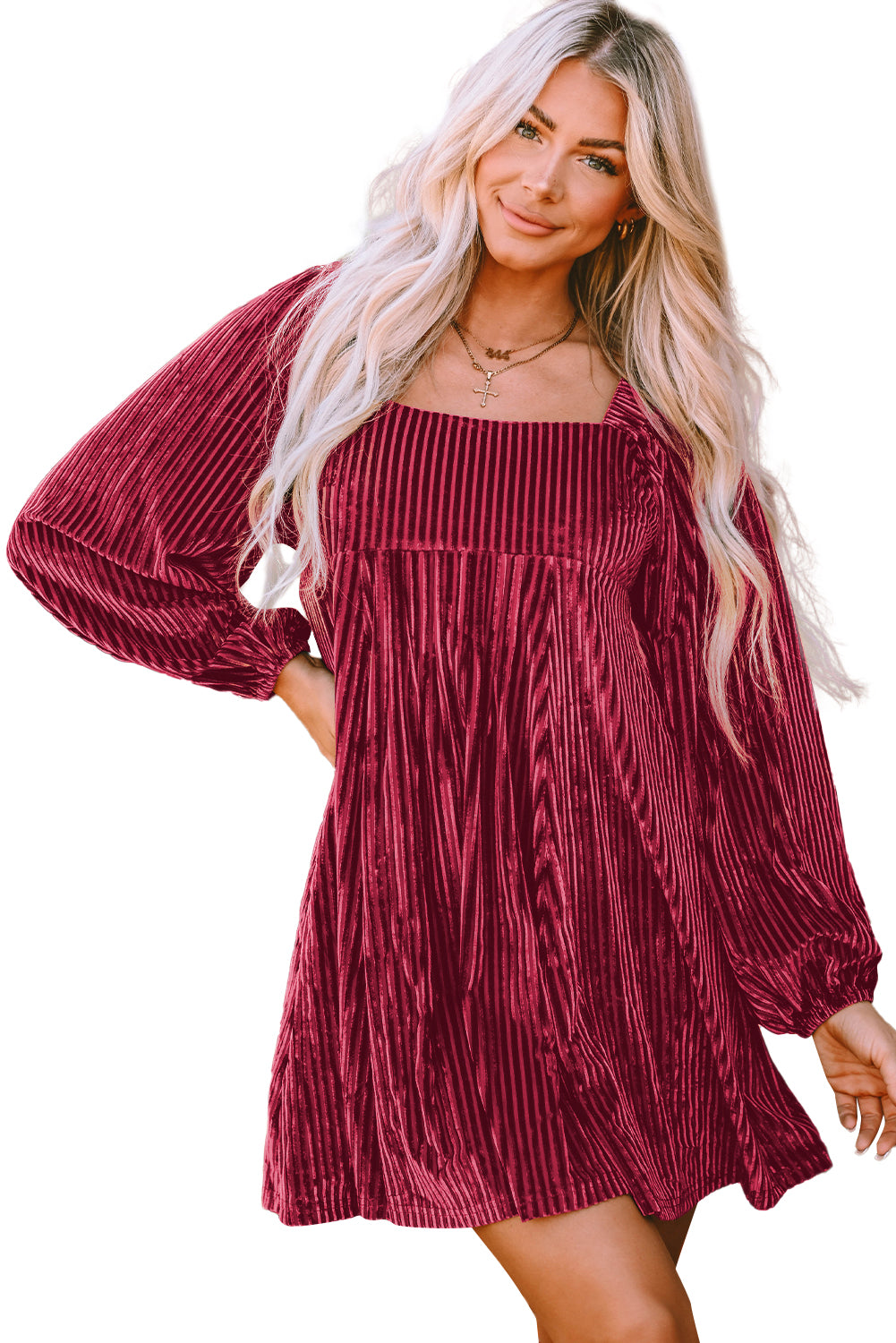 Pink Smocked Ribbed Velvet Babydoll Top
