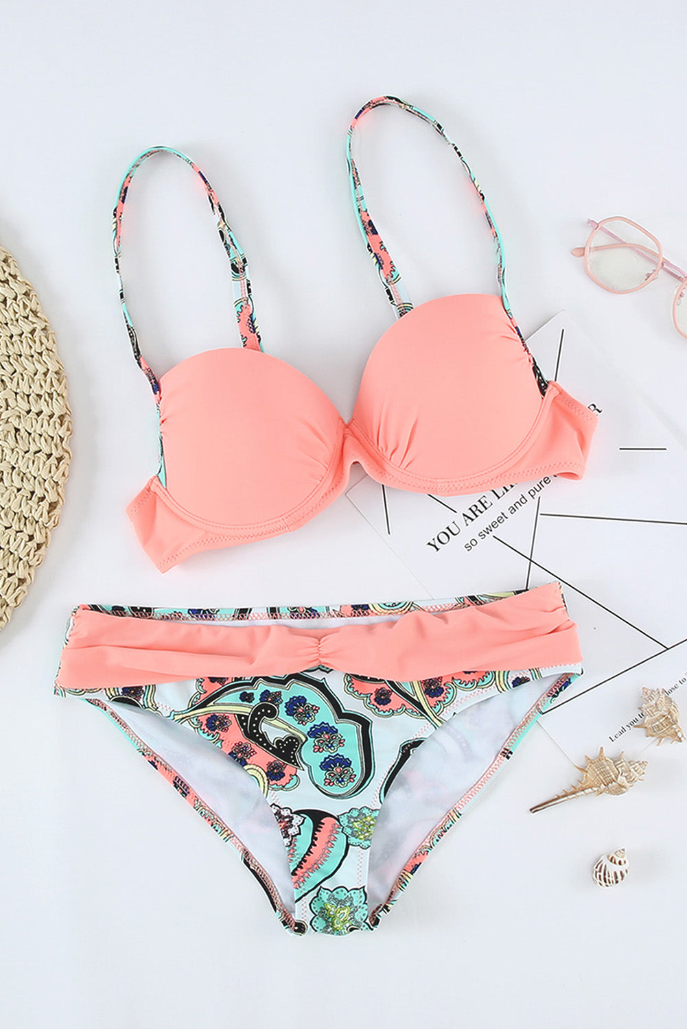 Sky Blue Geometric Padded Gather Push-up Bikini Set