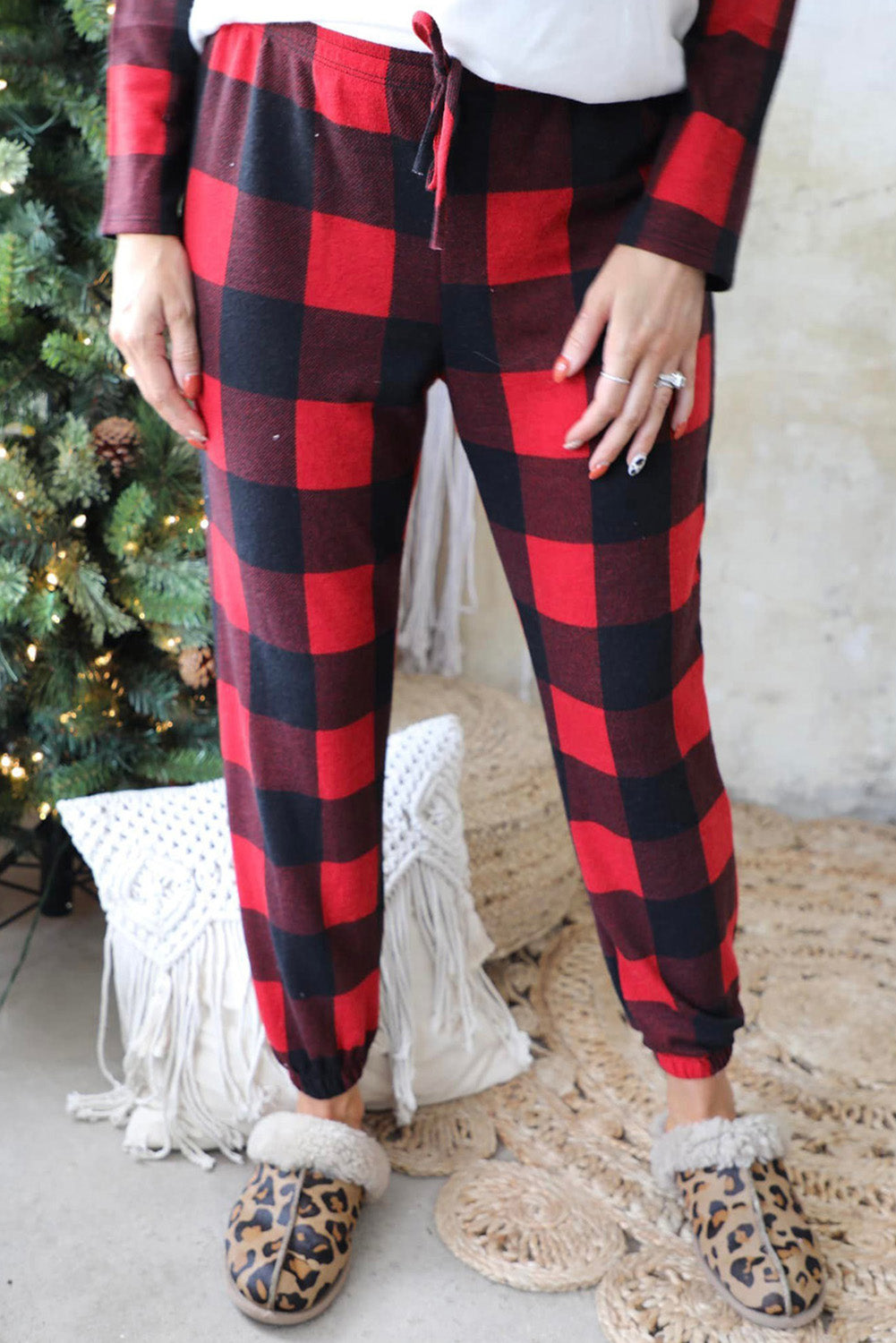 Red MERRY CHRISTMAS Plaid Print Two Piece Loungewear