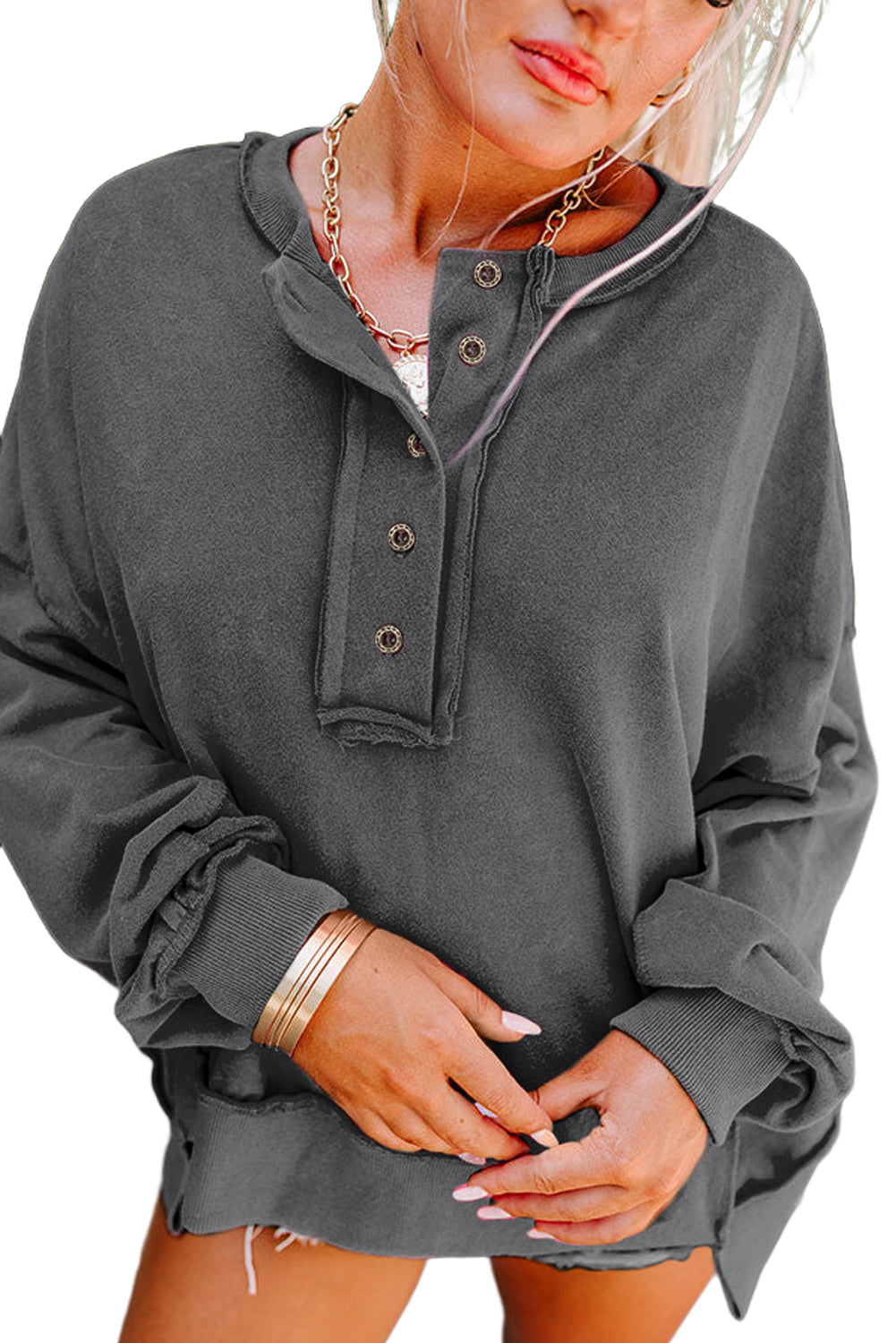 Black Drop Shoulder Henley Buttons Sweatshirt