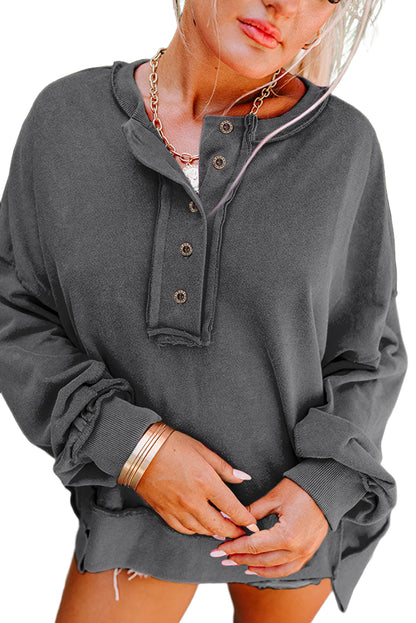 Black Drop Shoulder Henley Buttons Sweatshirt