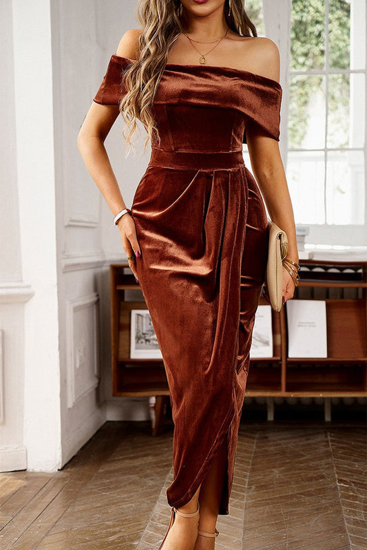 Blackish Green Velvet Off Shoulder Pleated Wrap Evening Dress