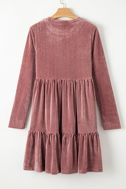 Pink Smocked Ribbed Velvet Babydoll Top