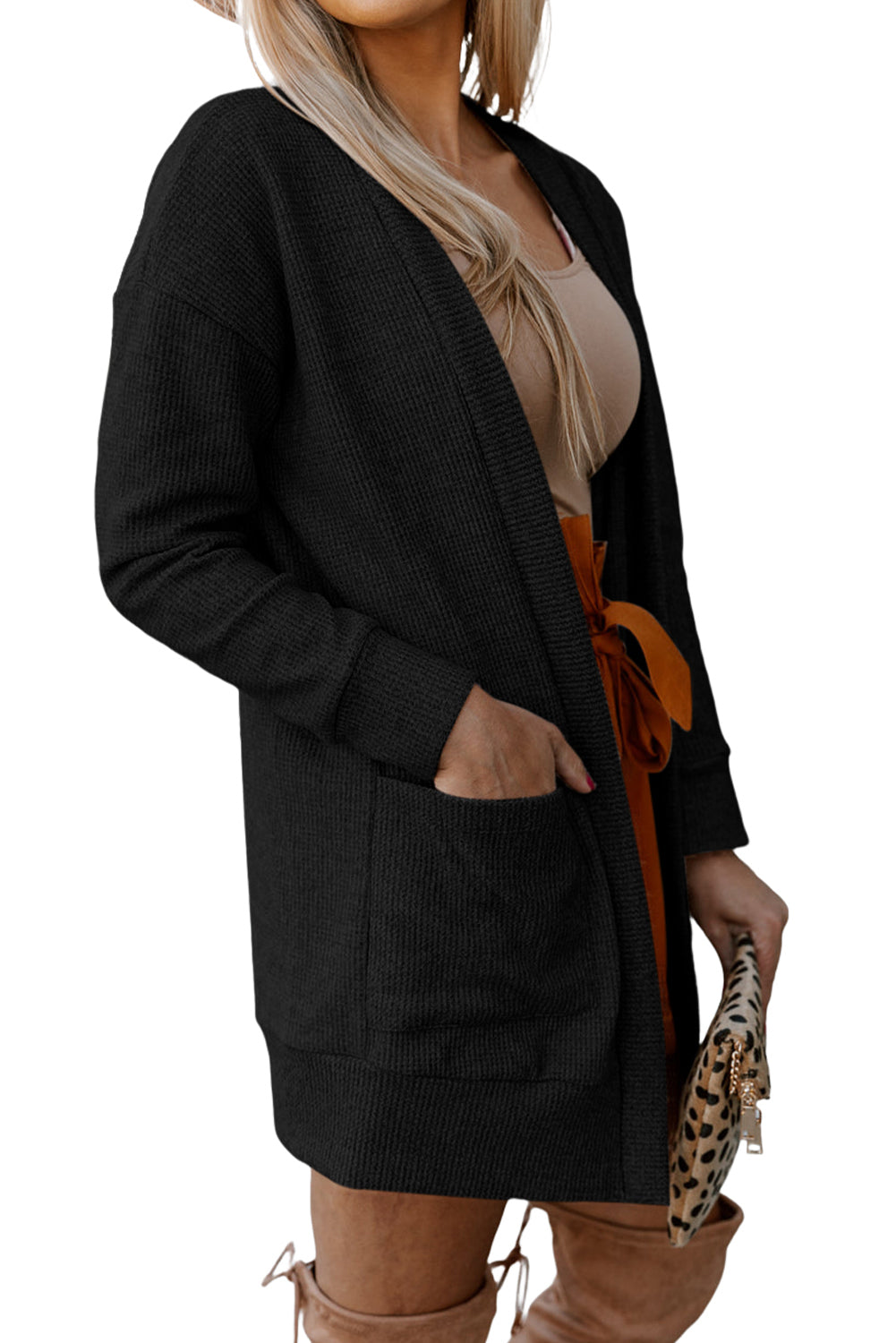 Light Gray Thermal Waffle Knit Pocketed Cardigan
