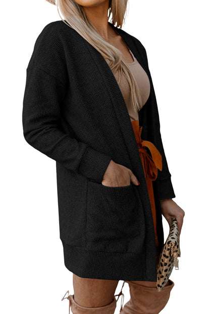 Light Gray Thermal Waffle Knit Pocketed Cardigan