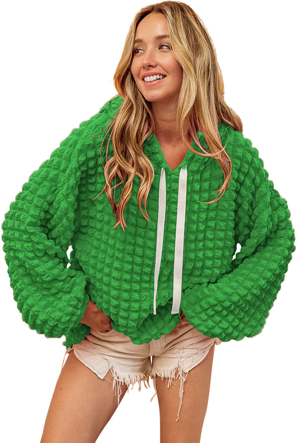 Green Bubble Textured Waffle Hoodie