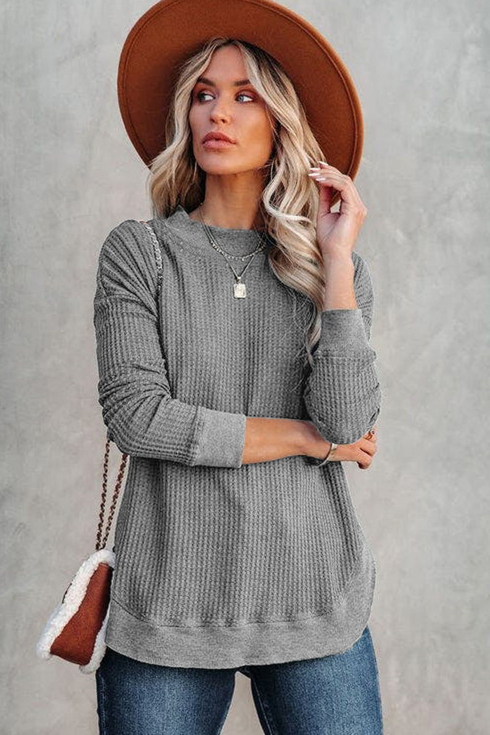 Pink Crew Neck Ribbed Trim Waffle Knit Top