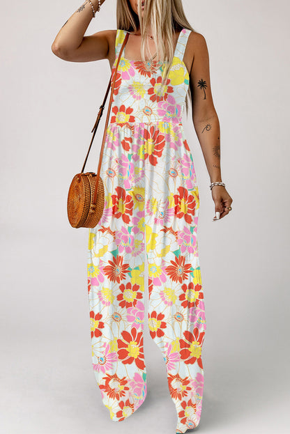 Multicolor Plus Size Floral Button Keyhole Back Ruffle Romper