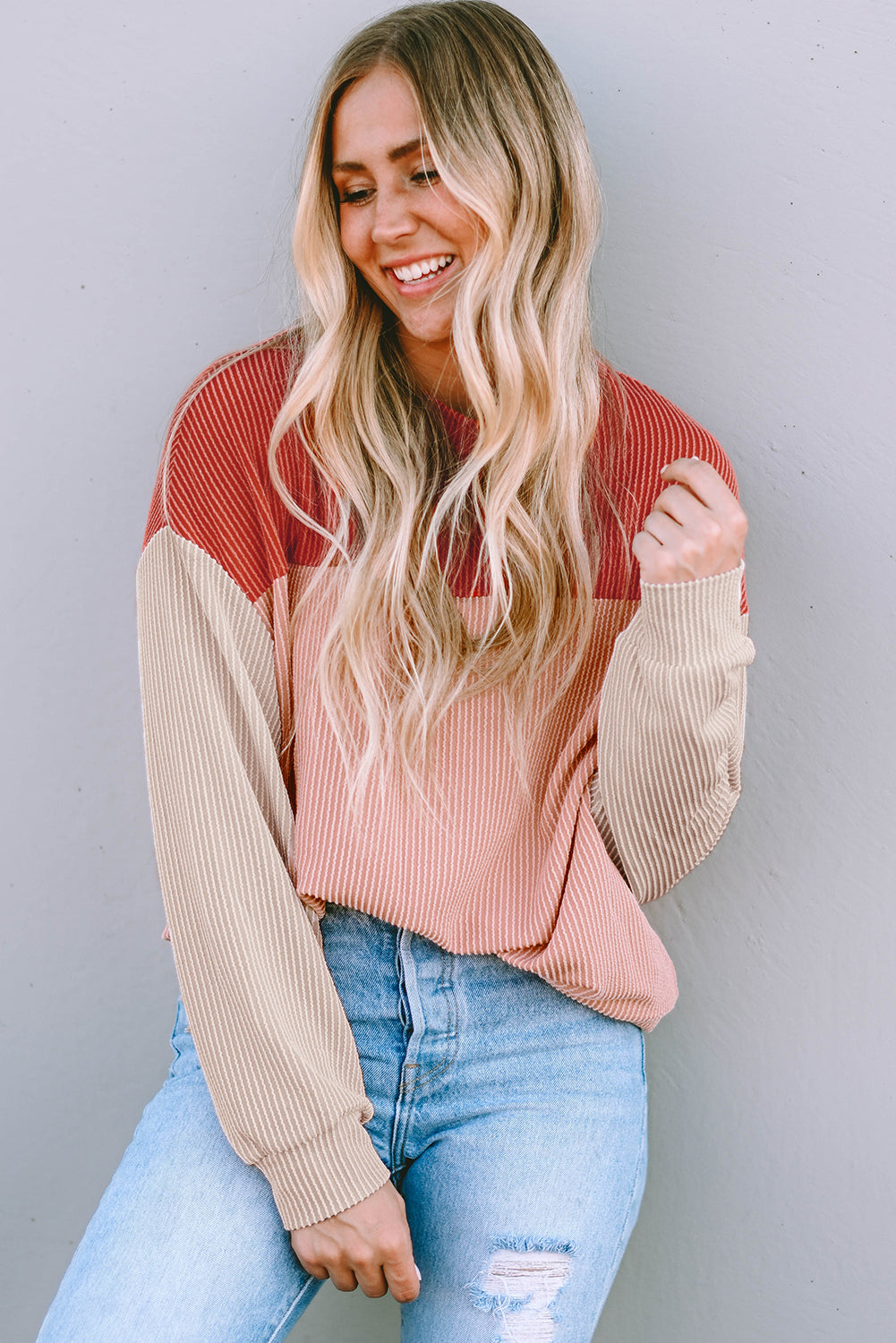 Mineral Red Plus Size Ribbed Colorblock Long Sleeve Top
