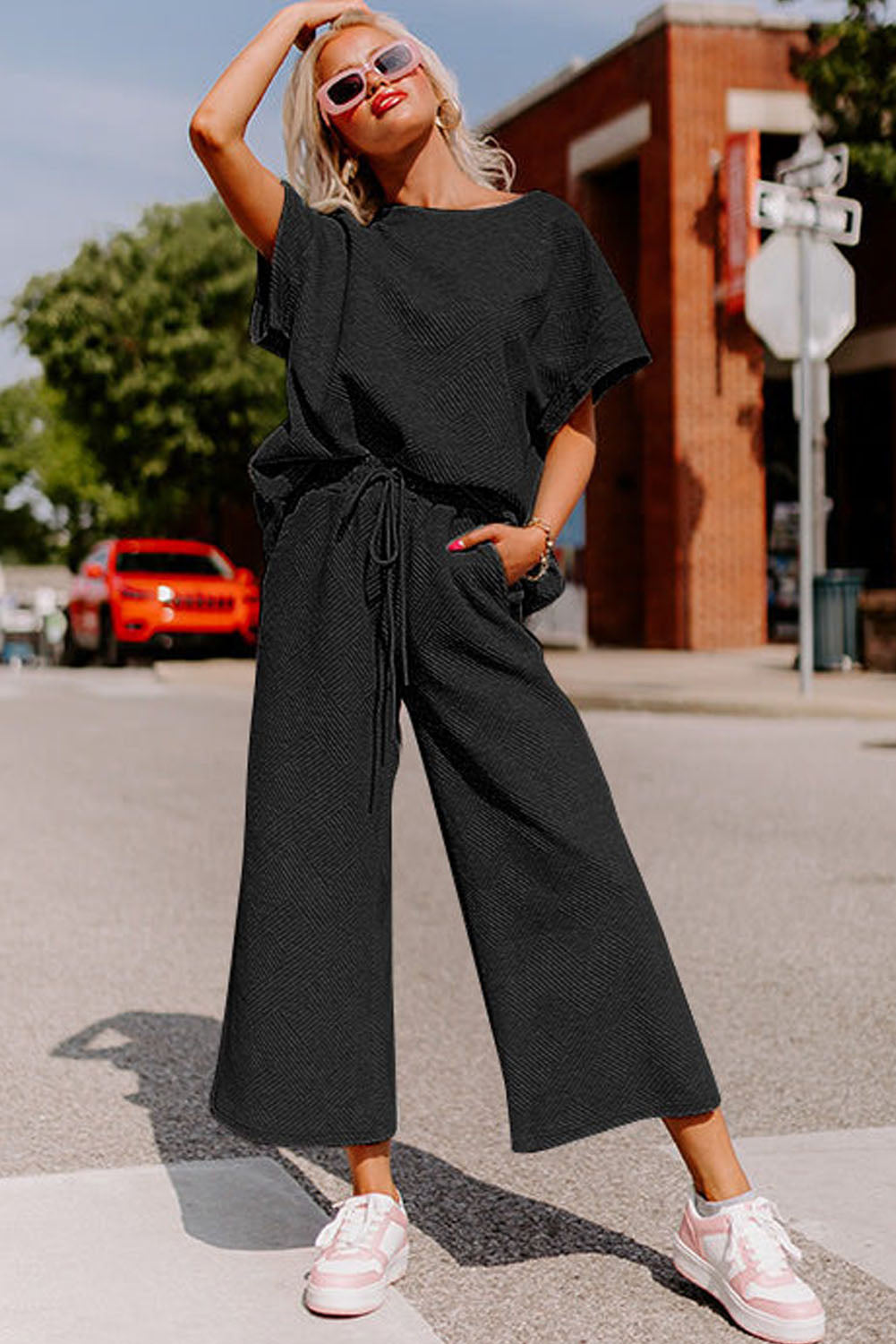 Black Ultra Loose Textured 2pcs Slouchy Outfit
