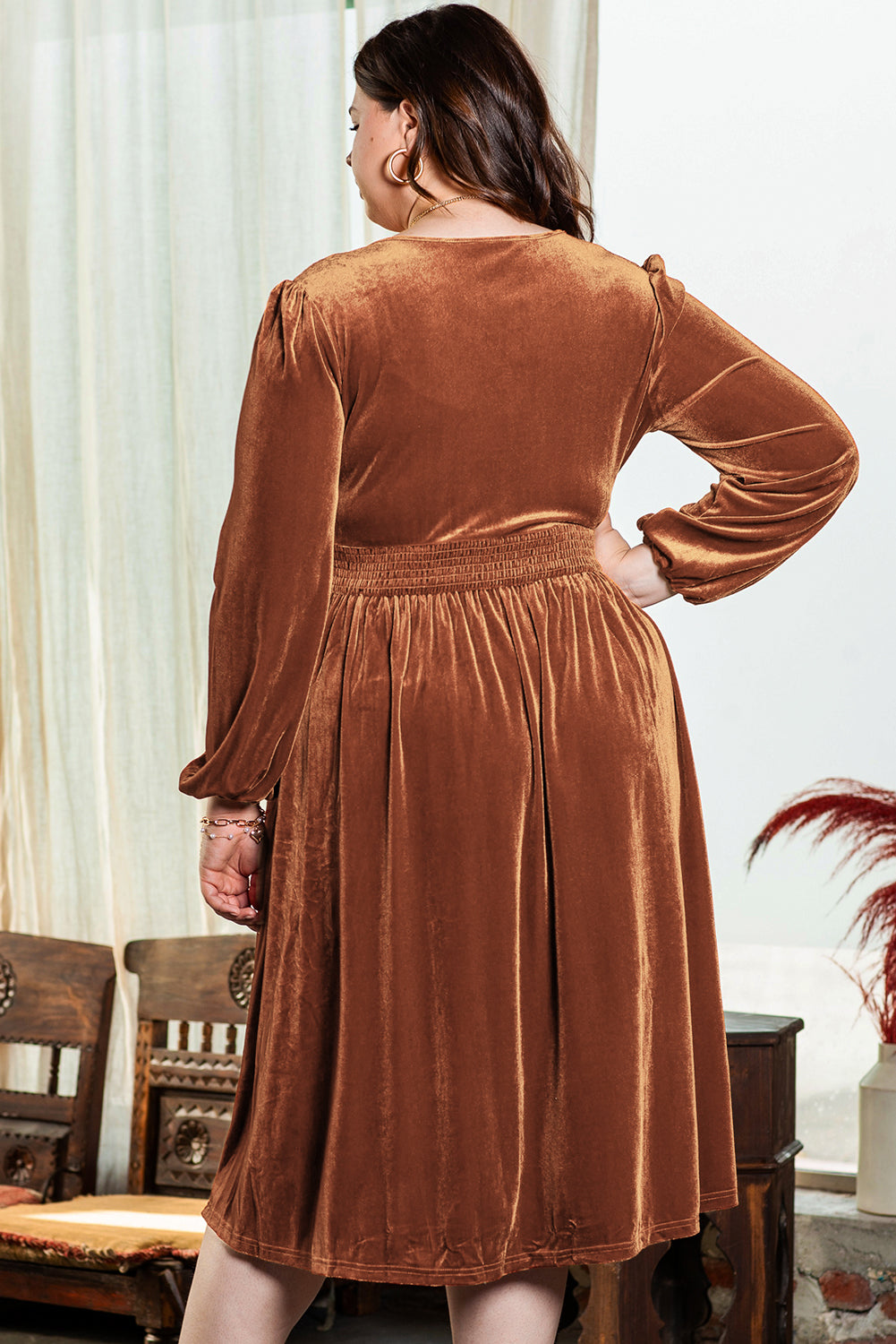 Camel Wrap V Neck Smocked High Waist Velvet Midi Dress