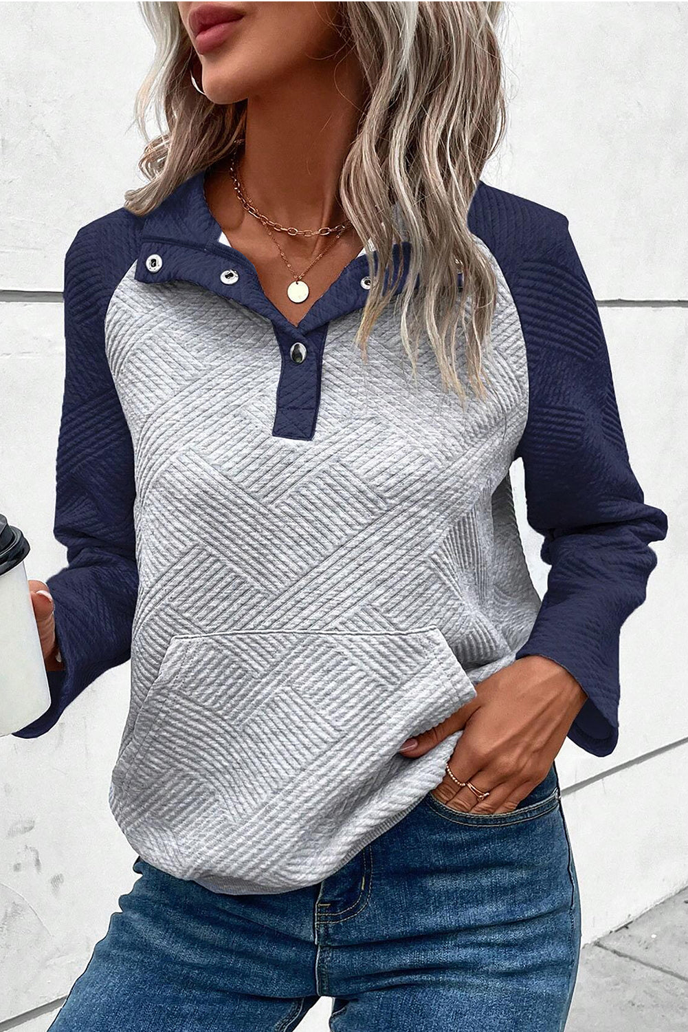 Light Grey Textured Knit Buttoned Kangaroo Pocket Sweatshirt
