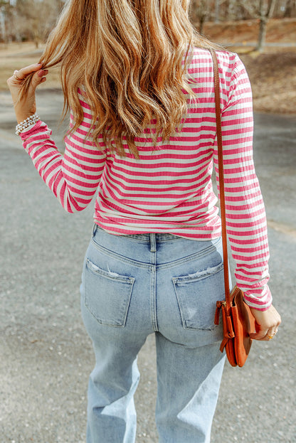 Black Striped Print Textured Knit Long Sleeve Tee