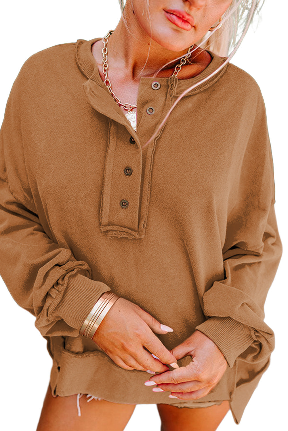 Black Drop Shoulder Henley Buttons Sweatshirt