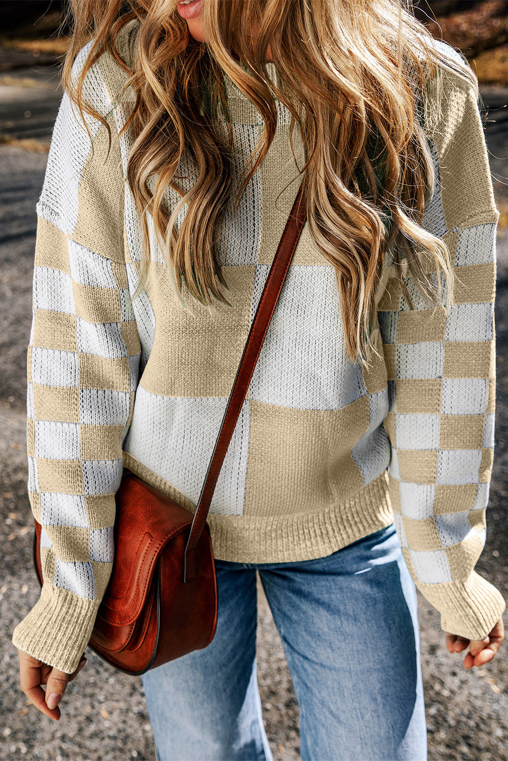 Medium Grey Checkered Print Drop Shoulder Sweater