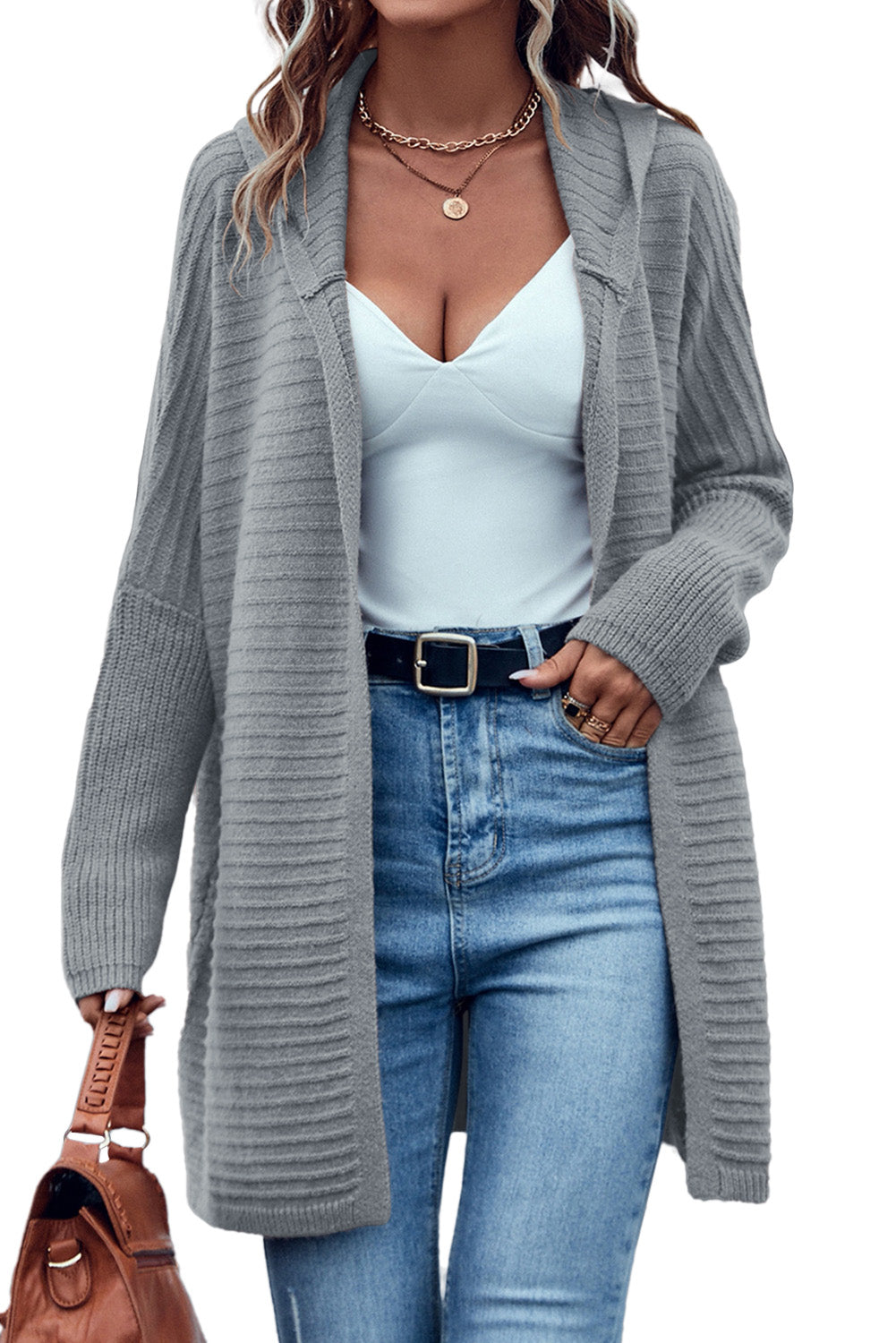 Black Horizontal Rib Knitted Open Front Hooded Cardigan