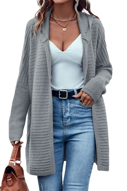 Black Horizontal Rib Knitted Open Front Hooded Cardigan