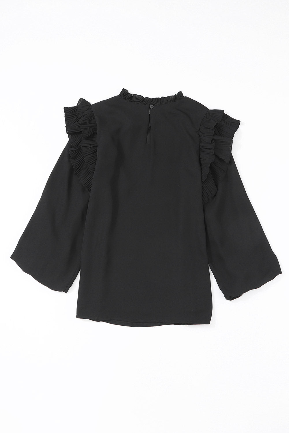 Rose Button Keyhole Back Pleated Ruffle Trim Blouse
