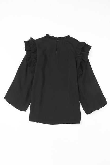 Rose Button Keyhole Back Pleated Ruffle Trim Blouse