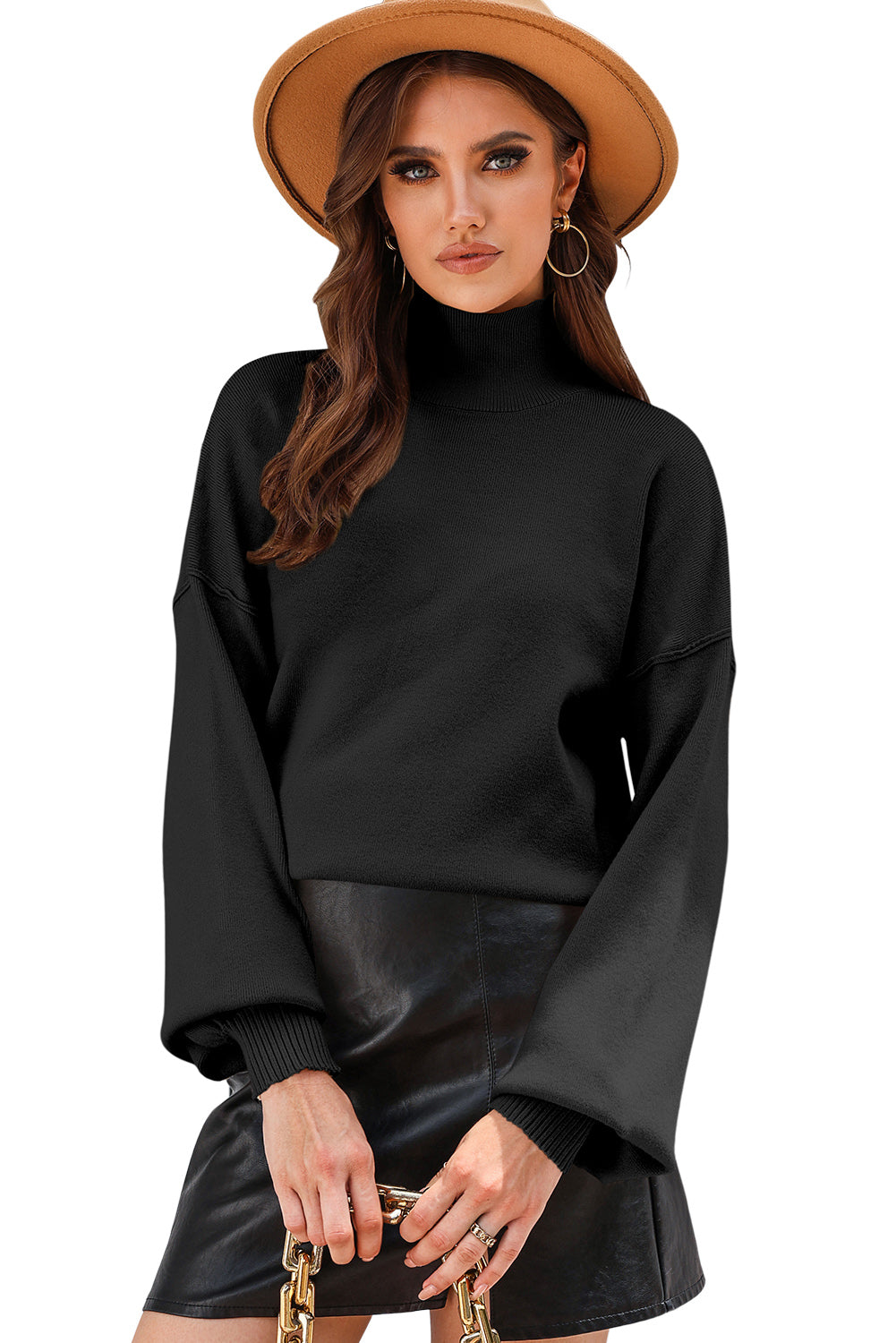 Gray Turtleneck Drop Shoulder Bubble Sleeve Knit Sweater