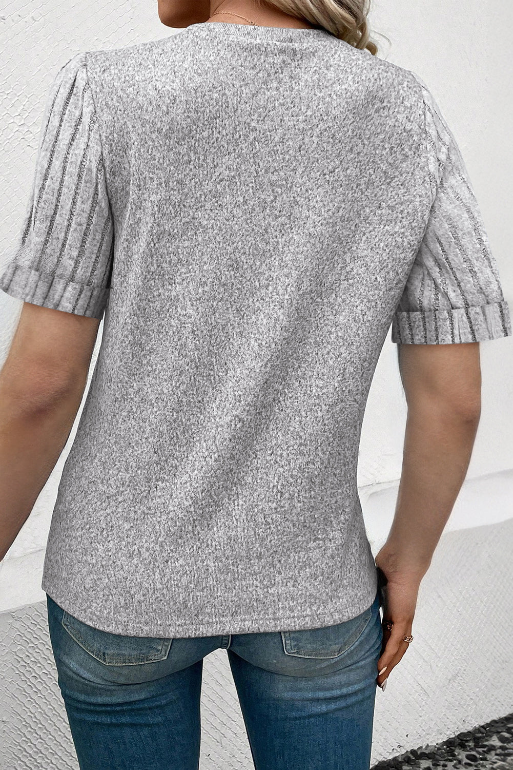 Gray Contrast Ribbed Bishop Sleeve Top