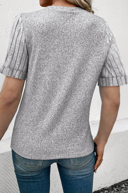 Gray Contrast Ribbed Bishop Sleeve Top