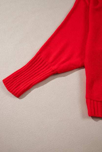 Red Merry Letter Embroidered High Neck Sweater
