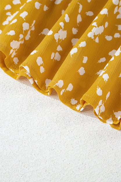 Yellow Split Neck Fall Printed Crinkled Blouse