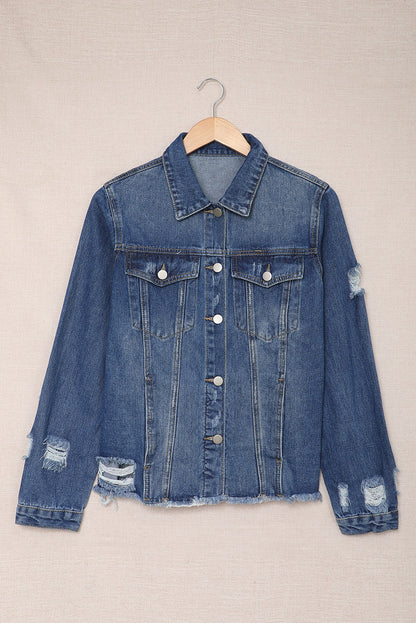 Dark Blue Plus Size Distressed Flap Pocket Denim Jacket