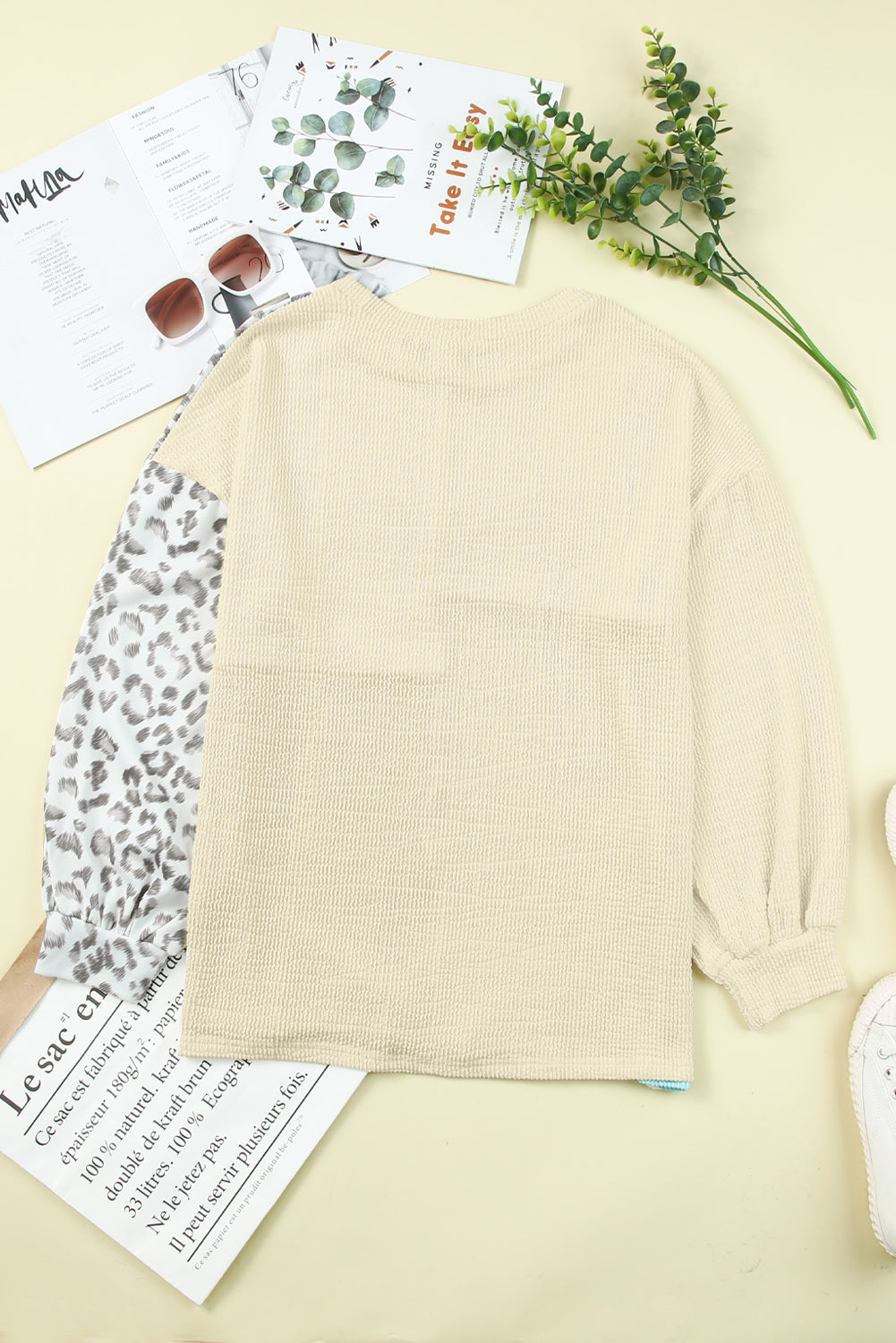 Khaki Ribbed Color Block Leopard Splicing Plus Size Top
